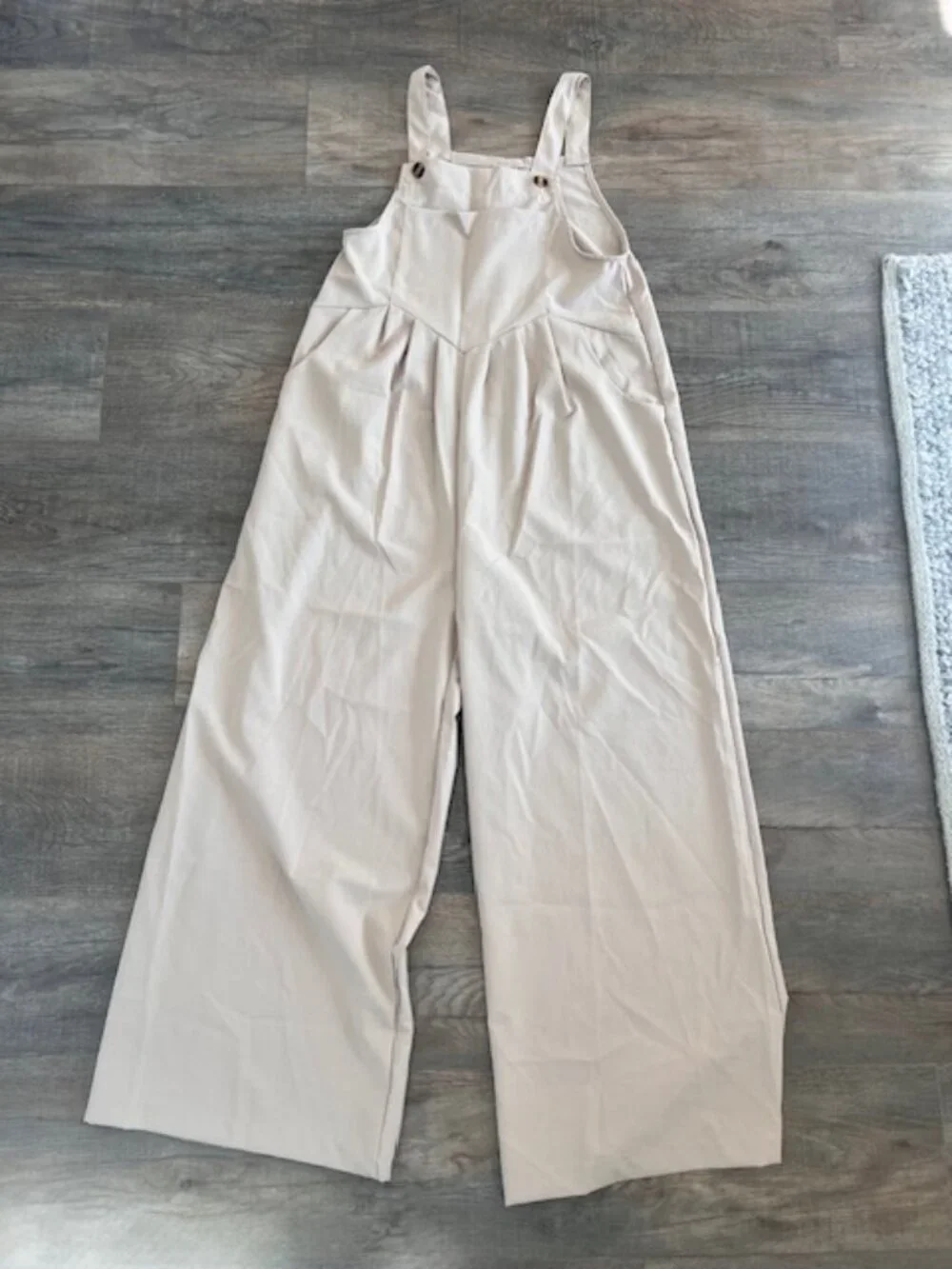 Beige Wide Leg Overall Jumpsuit – Size S - Picture 1 of 4